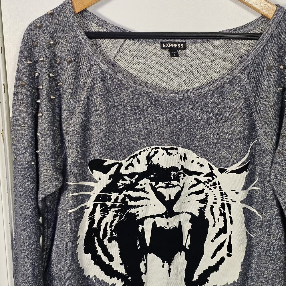 EXPRESS Studded Tiger Graphic Sweatshirt Heather Blue Size L Slouchy Casual Soft - Picture 2 of 5